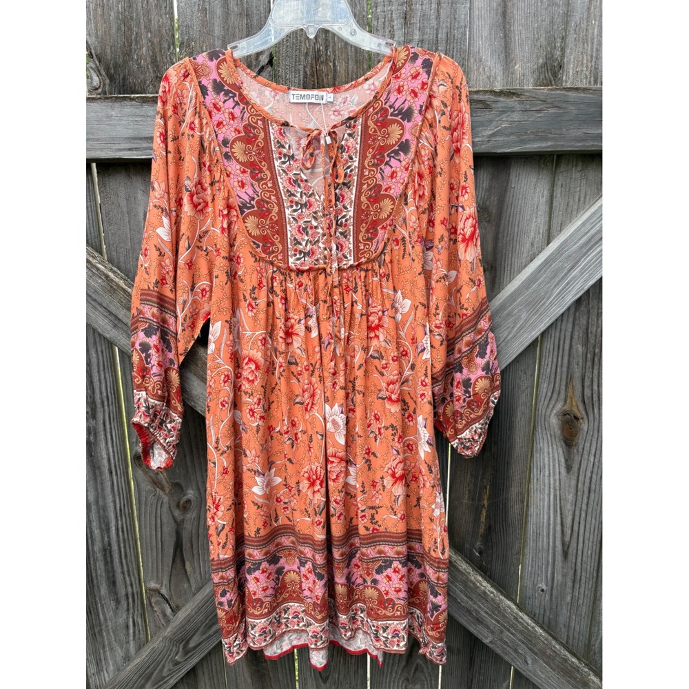 Orange Floral Boho Dress Long Sleeve Babydoll L Boho Festival Rayon